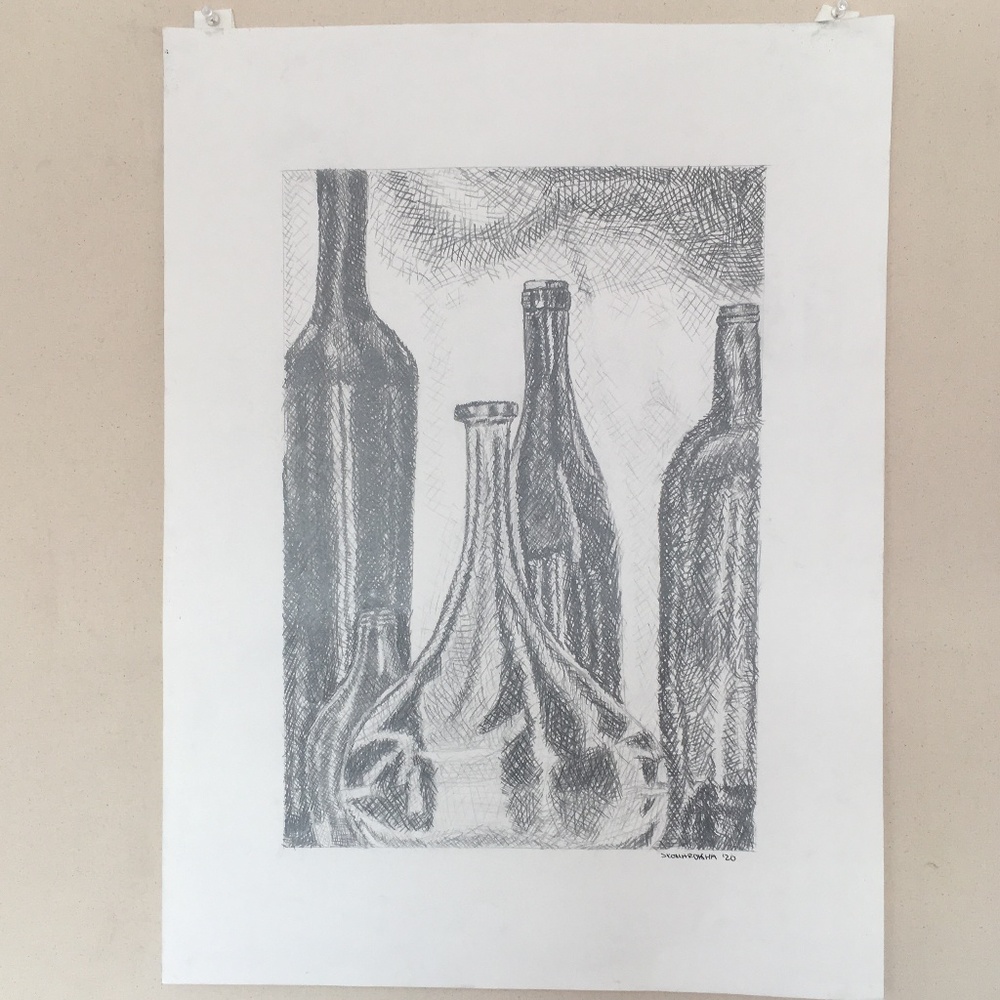Original Crosshatched Still Life of Bottles